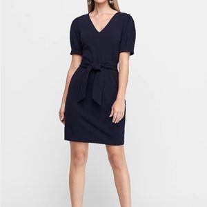Express Puff Sleeve Tie Waist Navy Sheath Dress